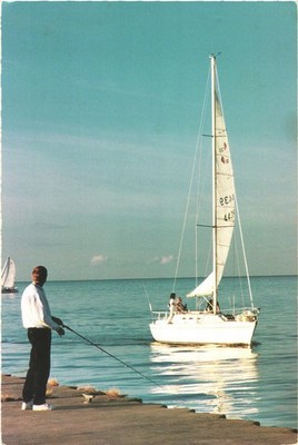 Olcott Beach NY Lake Ontario Fishing Sailing Chrome Postcard Unused