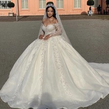 Customized VNeck Off The Shoulder Sequin Appliques White Wedding Dress Ball Gown