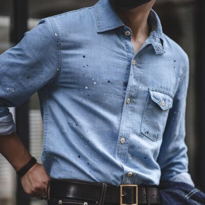 Herren Vintage Chambray Splash Ink Denim Shirts Amekaji Cowboy Worker Shirts
