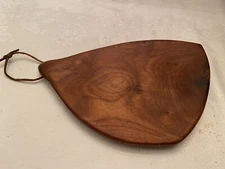 Mid-Century Modern FREEFORM Teak Cheese Board w/Leather Hanging Loop 10.5" x 7"