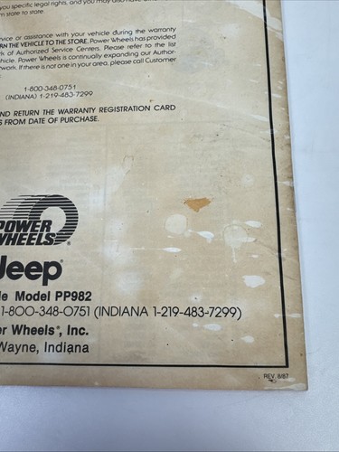 Vintage Power Wheels Jeep Owners Parts Manual 1987 PP982 - Picture 9 of 14