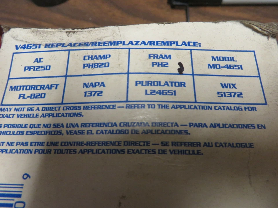 FILTRO DE ACEITE # V4651 NOS Grupo de 2 GRUPO 7 # 4651 NUEVO # FL-820 # 1372 # PF1250 Foto 2 de 2