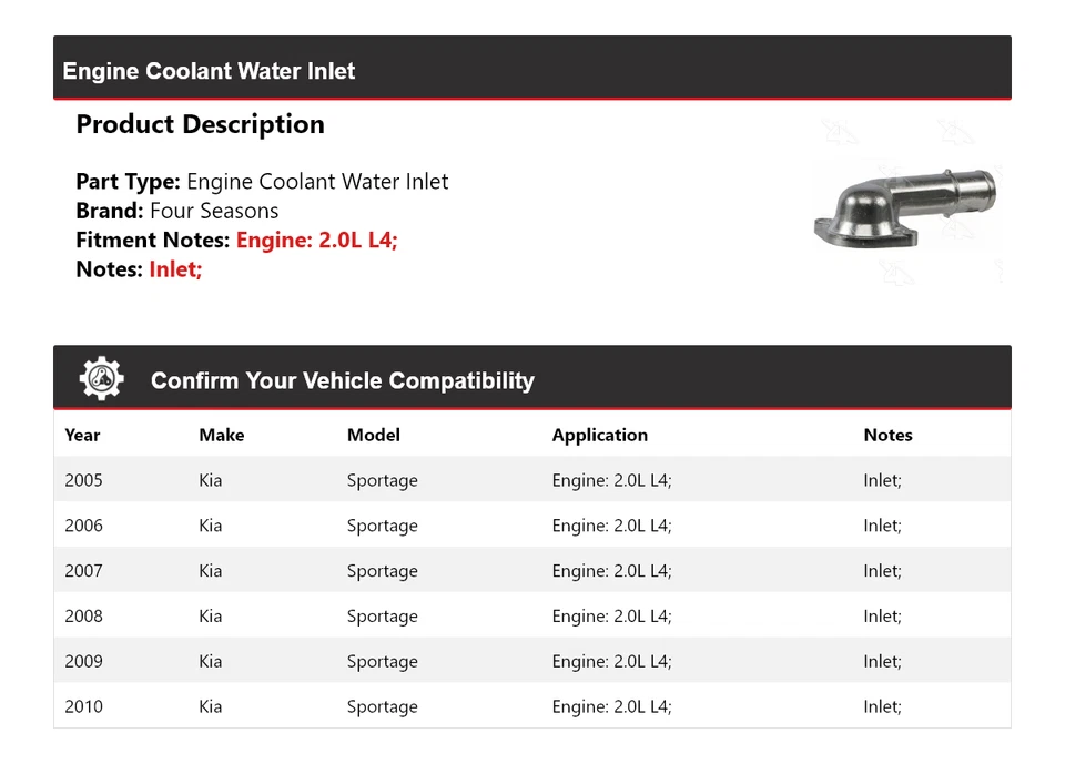 Entrada de agua refrigerante motor L4 2,0 L para Kia Sportage 2005-2010 4 estaciones 2006 Foto 2 de 4