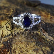Anello donna design vero zaffiro blu taglio ovale pietra preziosa argento sterling 925