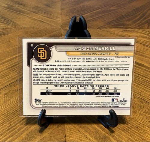 JACKSON MERRILL RC 2024 Bowman Chrome Base #27 ROOKIE MLB Padres - Picture 2 of 2