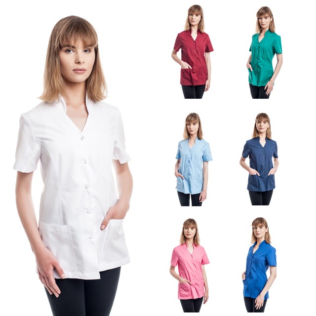 Doctor Lab Coat Womens Short Sleeves Work Wear for Cosmetologist Nurse