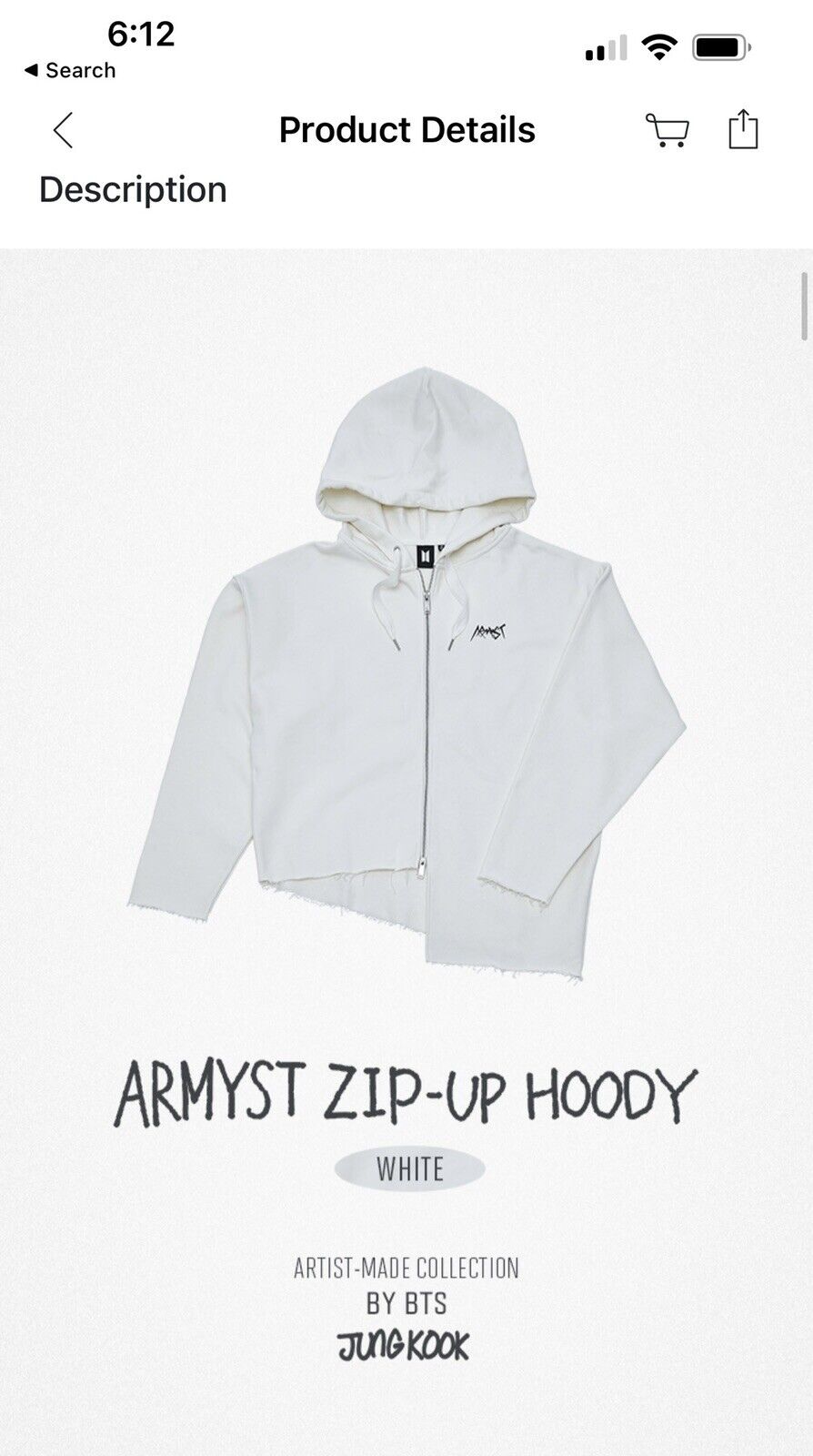 JUNGKOOK ARTIST MADE ARMYST ZIP UP HOODIE WHITE UNISEX MEDIUM