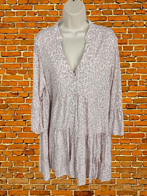 QED LONDON MEDIUM LANGARM GRAU LEOPARDENMUSTER STUFEN V-AUSSCHNITT SHIRTKLEID
