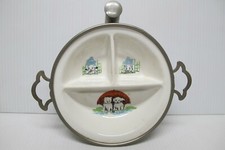 Vtg Divided Child's Baby Warming Dish/Bowl Porcelain Metal G.W. Co Puppy/Kitty