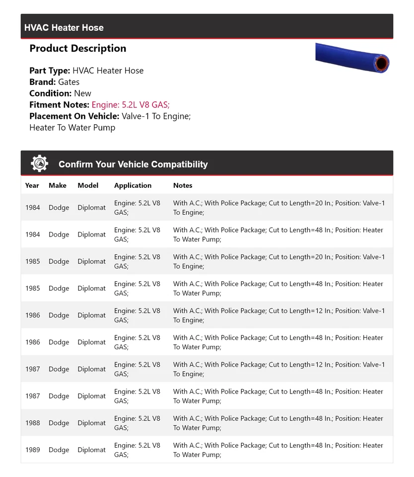 For 1984-1989 Dodge Diplomat 5.2L V8 GAS HVAC Heater Hose Gates 1985 1986 1987 - Image 2 of 4