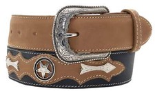 Handcrafted Full Grain Genuine Leather Cowboy Tobacco/Black Conchos Stars Belt