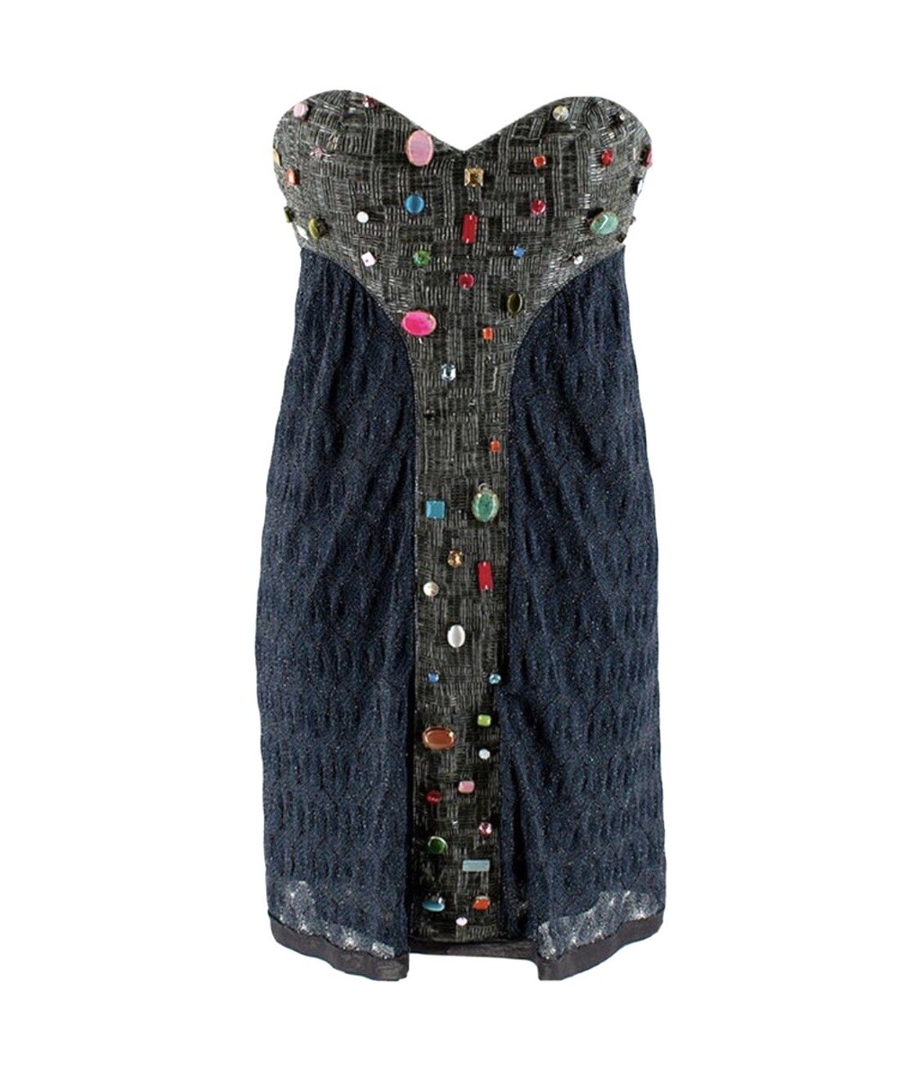 Missoni Blue Knit Crystal Beaded Womens Mini Bustier Dress