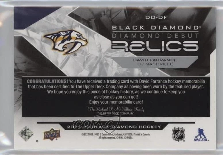 2021-22 Upper Deck Black Diamond Debut Relics David Farrance #DD-DF Rookie RC - Image 2 of 2