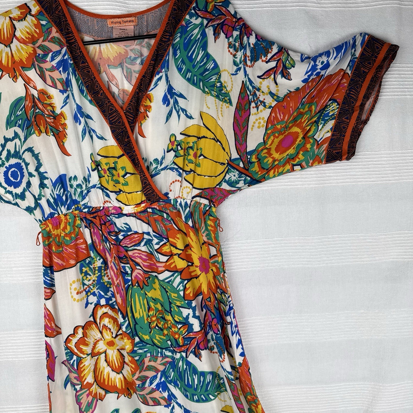 Boho Floral Hippie Maxi Dress Small Colorful Wrap V-Neck Flying Tomato