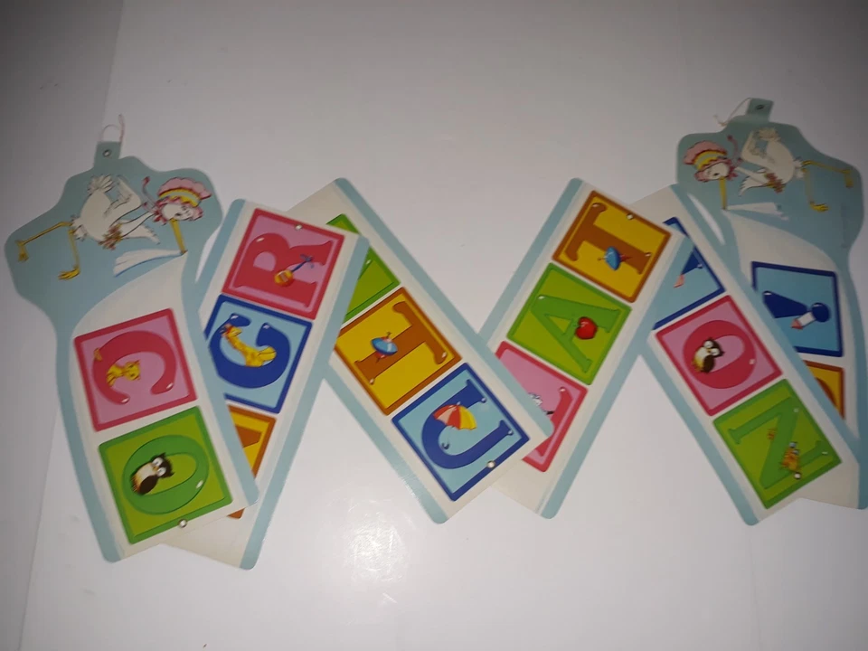 Banner articulado vintage años 80 Baby Shower 76" decoración cigüeña felicitaciones  Foto 2 de 4