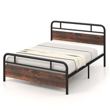 King Size Bed Frame Platform Metal Slats Support Bed W/ Industrial Headboard