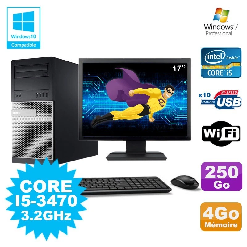 Lot PC Tour Dell 790 Intel I5-3470 3.2Ghz 4Go 250Go DVD WIFI Win 7 + Ecran 17" - Photo 1/1