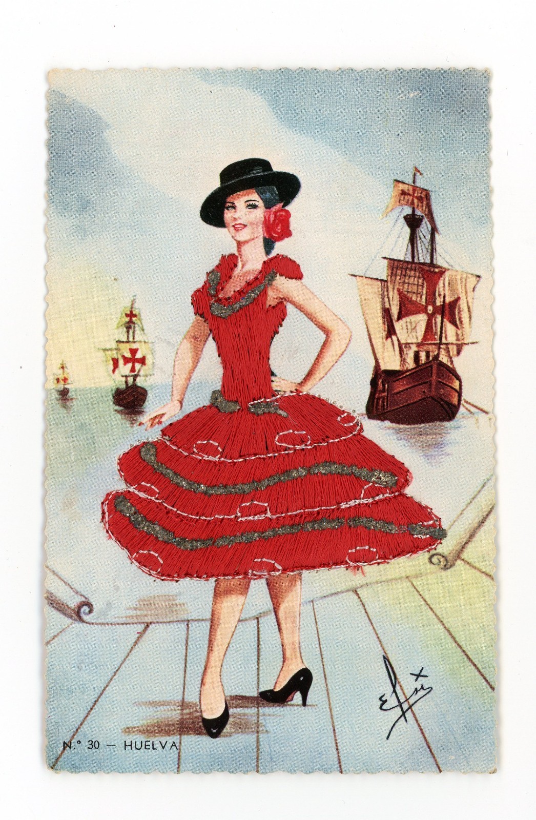Postal Bordada Mujer Española Rojo Vestido Flamenca Huelva Ships - Elsi Gumier