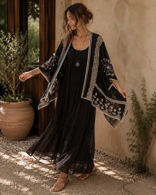 NWT Rachel Roy Black Embroidered Kimono Cover-Up Women s One Size Boho Flowy Top