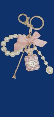 metal pink rhinestone keychain 2  gold perfume bottle pearls Eiffel charm new