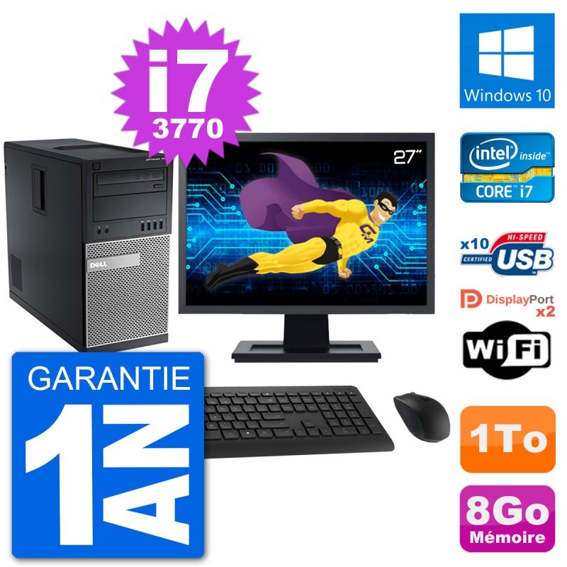 PC Tour Dell 7010 Ecran 27" Intel i7-3770 RAM 8Go Disque 1To Windows 10 Wifi