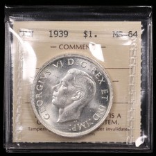 1939 $1 ICCS MS64 Embossed Canada Silver Dollar Frosty Lustrous Blast White