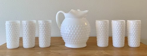 Vintage Hobnail Milk Glass Pitcher & 6 Glasses