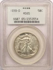 1939-D Walking Liberty Half Dollar 50C, PCGS MS65 OGH, Gem Uncirculated BU