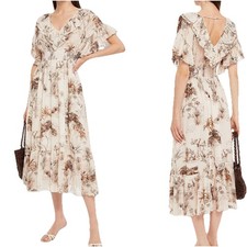 New SANDRO Paris Marro Ruffle Beige Brown Elephant Gauze Midi Dress EUR 38 US 6
