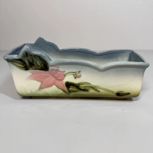 HULL W14-10" Pottery Woodland Window Box Planter Blur Pink Yellow & Green 9” EUC