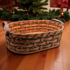 Amish Handmade Garden Gathering Basket With Solid Oak Bottom Leather Handles