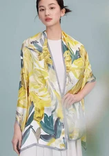 100% Silk mulberry Scarf Women neckerchief Shawl Wrap floral gray yellow HD1-12
