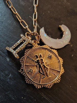 Gemini Zodiac Gold Plated Necklace with Opal Moon Charm
