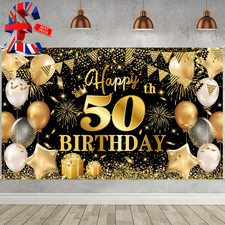 Happy 50Th Birthday Banner - Black & Gold Party Decorations, 50Th Backdrop Banne