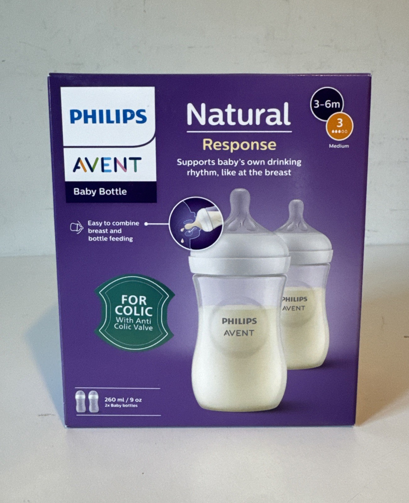 Philips Avent Natural Response Baby Bottle - 2 x 260ml Baby Milk Bottle for