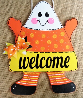 CANDY CORN Welcome SIGN Halloween Seasonal Wall Art Door Hanger Plaque Fall 