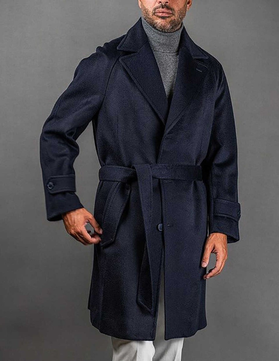 Winter Men's Long Coat with Belt Adjust Waist Coat Wool