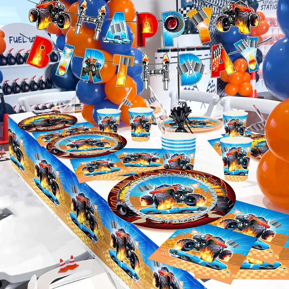 52 PIEZAS Monster Truck Banner Cumpleaños Monster Truck Fiesta Platos y Servilletas Smas Foto 4 de 4