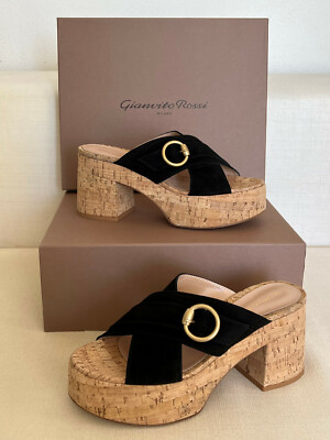 GIANVITO ROSSI Luxus Plateau Kork Sandalen Mules Schwarz Goldschließe Gr38,5 NEU
