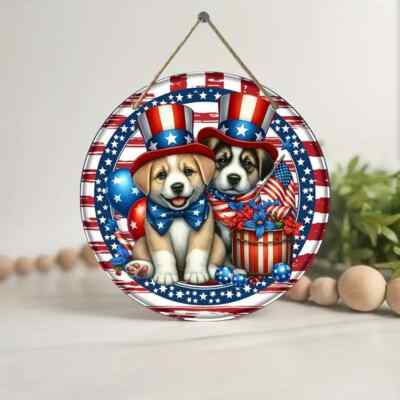 Patriotic Adorable Puppies Celebrating Red White and Blue Hanging Sign