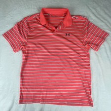 Under Armour Polo Shirt Mens Large Pink Striped Short Sleeve Golf Performance