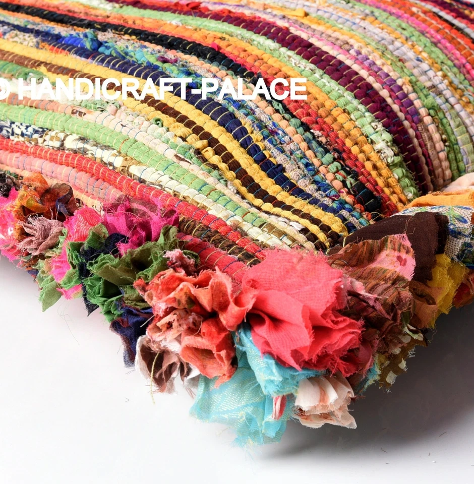 16" Chindi Rag Rug Decor Throw Stripe Boho Indian Cushion Sham Recycled Saris  - Image 3 of 3