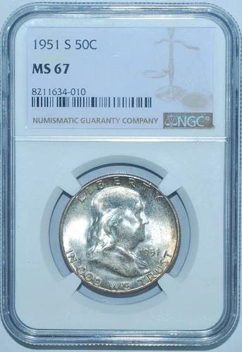 1951 S NGC MS67 Franklin Half Dollar Mint Set Toned
