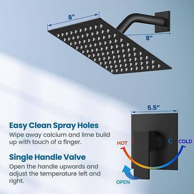 Black Rain Shower Faucet Set – Wall Mount Combo With Mixer Valve, 8" Square Head, Matte Finish