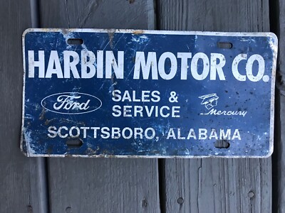 HARBIN MOTOR CO. Ford Mercury Dealership Vintage License Plate Scottsboro  AL
