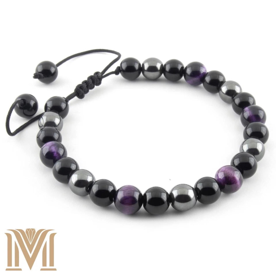 Pulsera ajustable de 8 mm ojo de tigre púrpura, ónix negro y hematita - se adapta a 6,5"-9" Foto 3 de 4