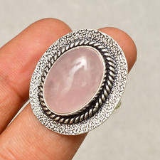 Rose Quartz Gemstone Handmade 925 Sterling Silver Jewelry Ring Size 8"