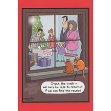 Cats on Window Ledge Looking at New Puppy Box of 12 Funny Christmas Cards