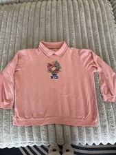 VTG 90s Pink Collared Sweatshirt Embroidered Floral Bouquet Long Sleeve Women L