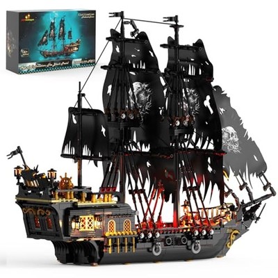 JMBricklayer Pirate Ship Building Toys w/Lights, 1713 Pcs Model Boat Kit, Black